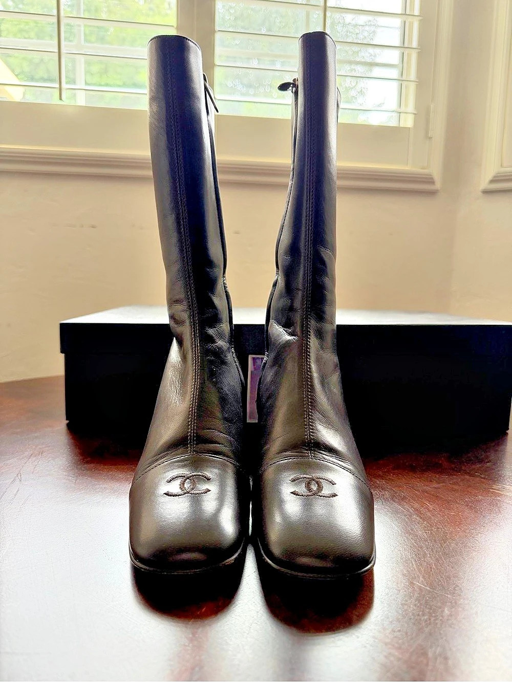 Vintage Chanel 99A Dark Brown Leather CC Logo Heel Plate Boots 37.5